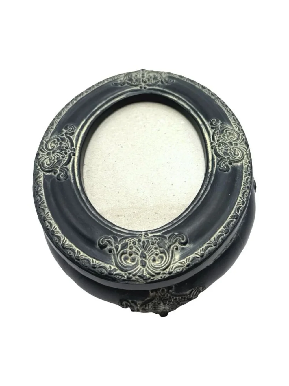 Vintage Black Oval Picture Frame Trinket Box Ornate Detailing, Velvet Interior